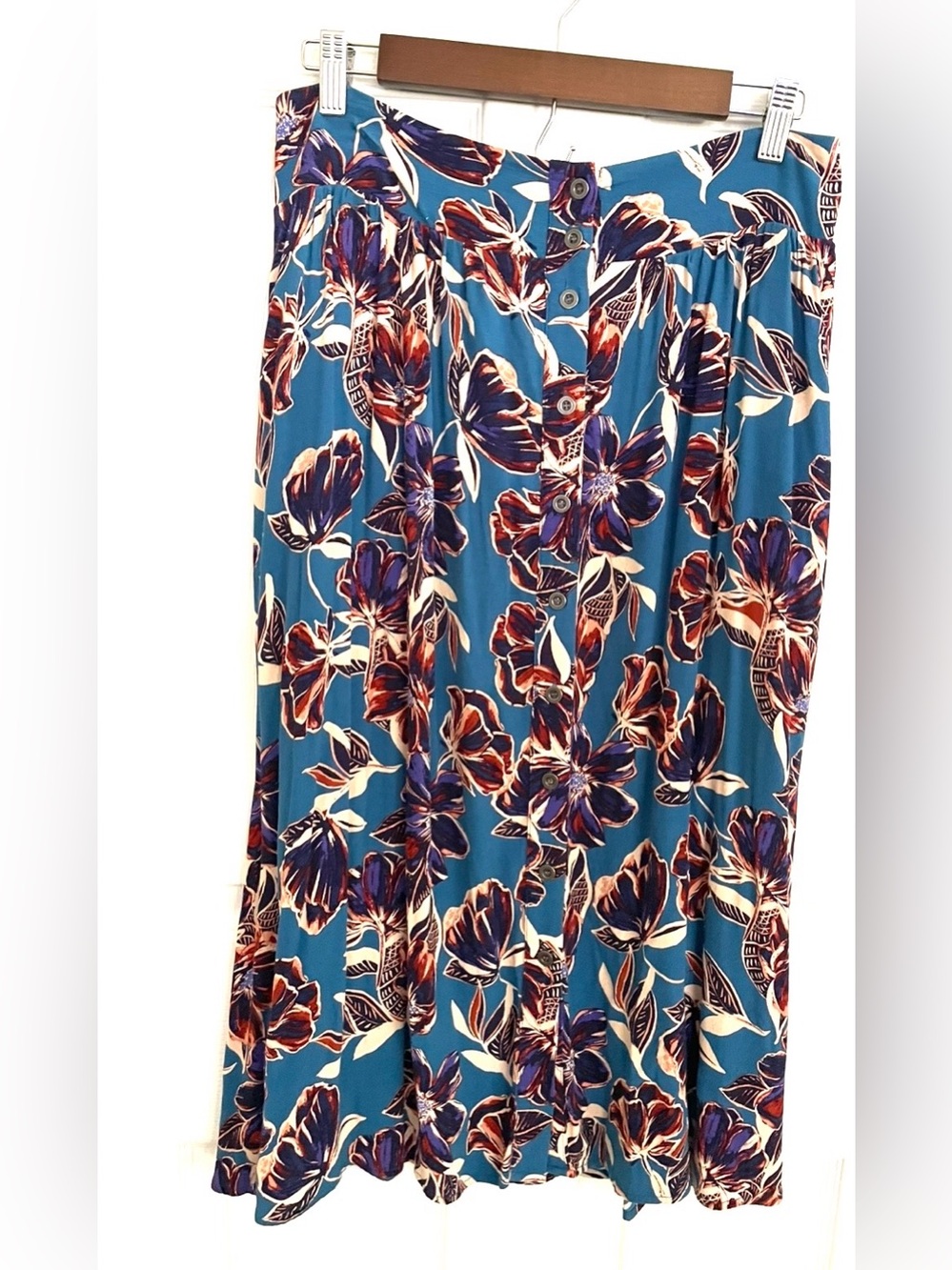 Garnet Hill Button Front Floral Smocked Back Midi Skirt Viscose Size L